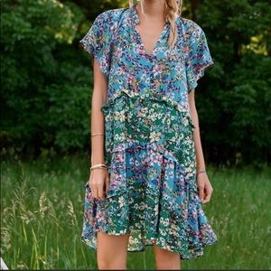 Anthropologie Robin Tiered, Ruffle Sleeve Mini Dress Blue & Green, Size Medium